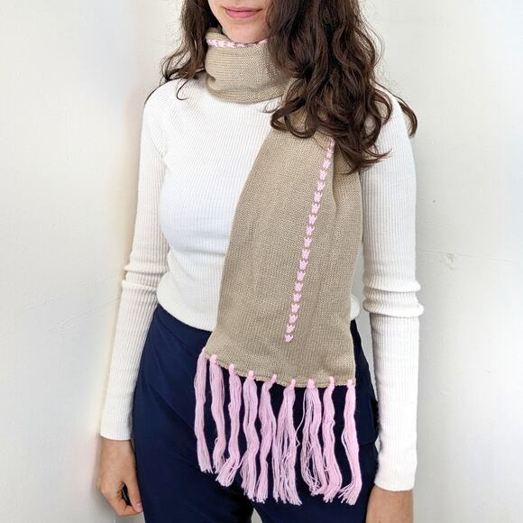 Y2K Tan and Pastel Pink Fringe Fall Winter Scarf - Picture 1 of 4